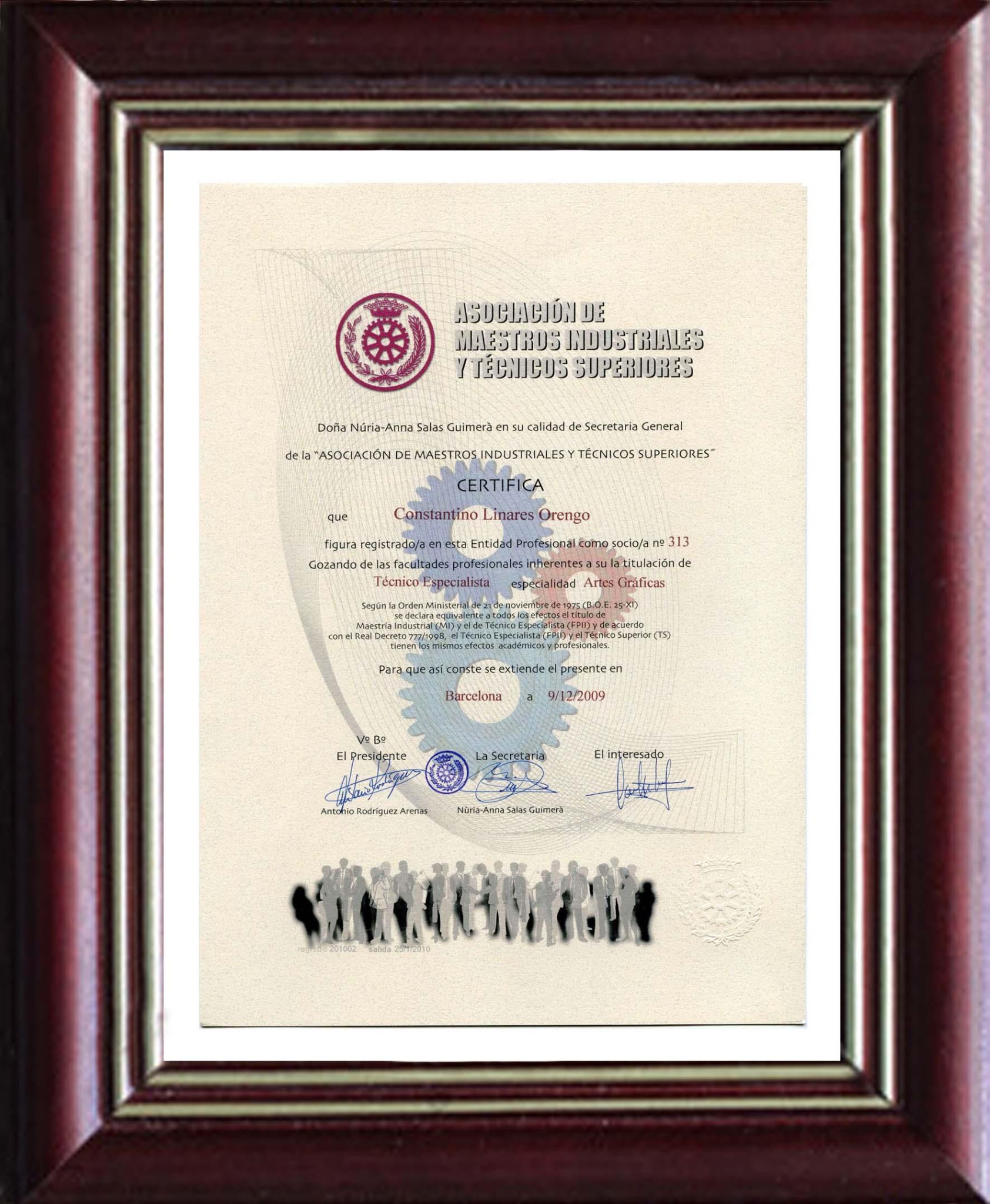 Ejemplo de certificado acreditativo emitido por AMITS